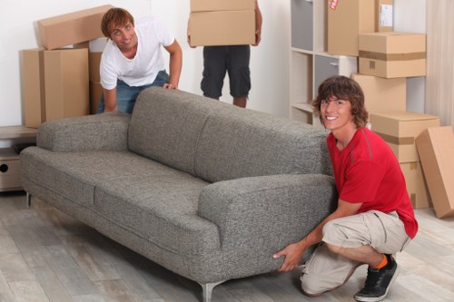 Packed office equipment ready for commercial moves in Greenwich